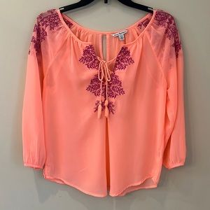 AEO blouse top XS coral embroidered 3/4 sleeve tassel tie sheer peasant fairy